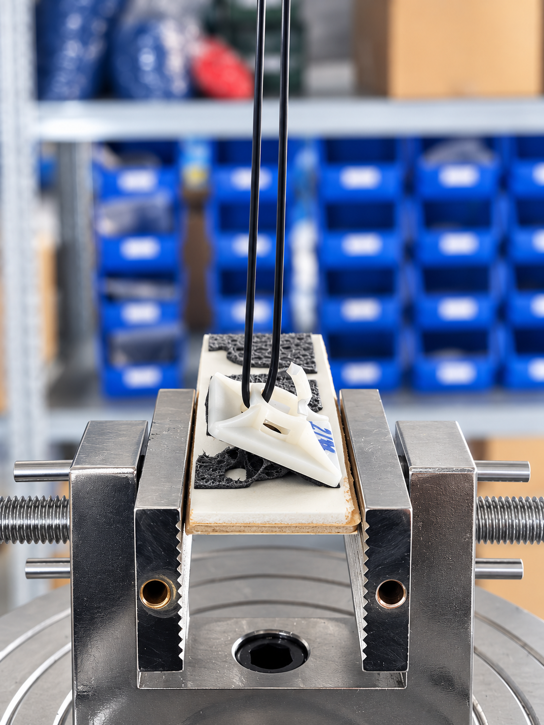 Basetta adesiva in nylon deformata a fine prova di trazione su superficie in laminato, con residuo di biadesivo
